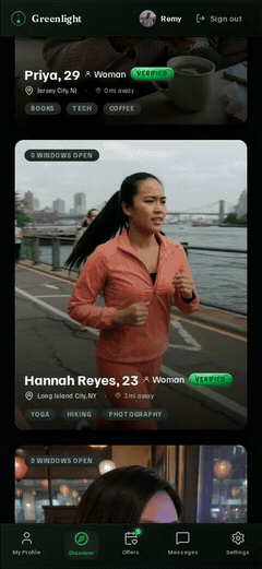 Browsing nearby members in the app, ranked by shared interests