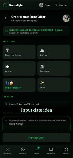 Sending a date offer with a day, time, and place