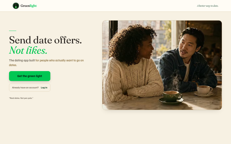 The greenlightdate.com homepage in the current design
